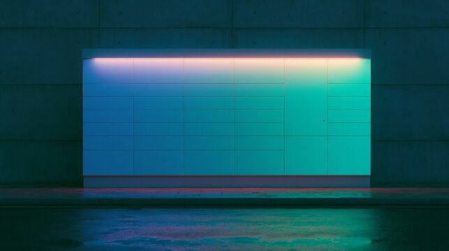 Smart parcel locker bank illuminated at night with colorful lighting against a concrete wall, showcasing modern design and technology in an urban setting
