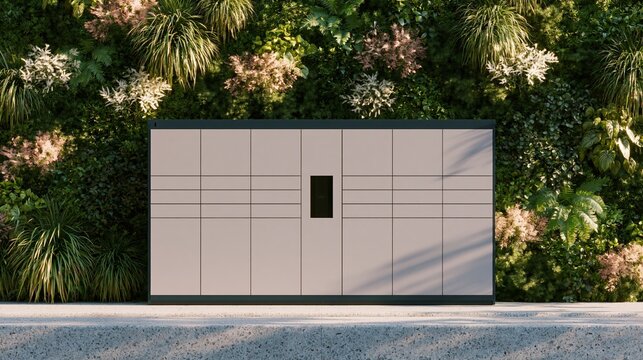 Modern smart parcel locker station integrated into a lush green wall with various plants, showcasing a sleek design and contemporary urban environment