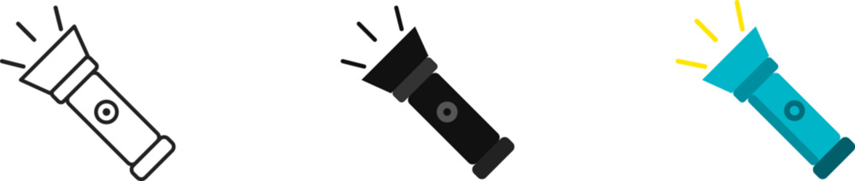 Set of three blue flashlight icons in different styles including outline flat and colored for travel and lighting