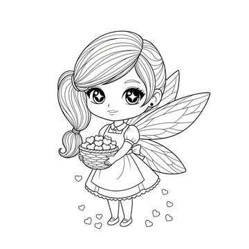 Blackandwhite illustration of a cute fairy girl holding a basket of hearts