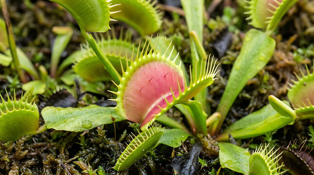 Venus flytrap plant with open pink trap illustration