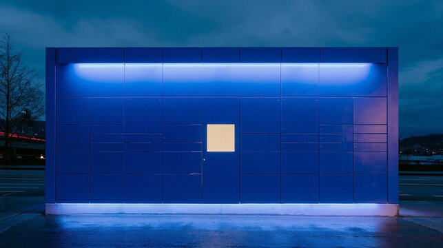 Cobalt electric blue smart locker bank structure with illuminated features, featuring a single square window and sleek modern design against a twilight sky backdrop