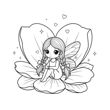 Cute little fairy girl sitting on a flower with wings and hearts around her