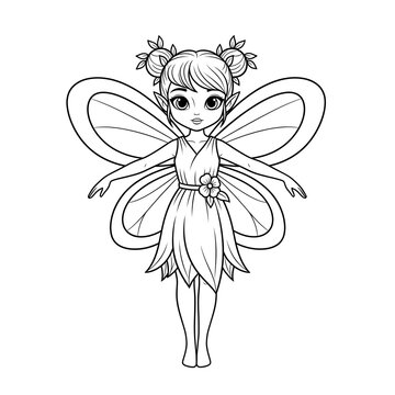 Cartoon fairy with wings and leafy dress standing alone