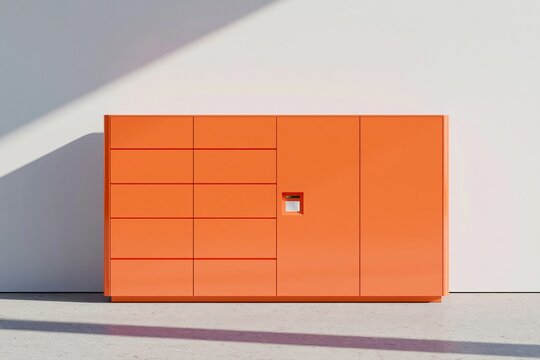Bold persimmon orange smart parcel locker with multiple drawers and a single door, positioned against a minimalist white wall in a modern interior setting