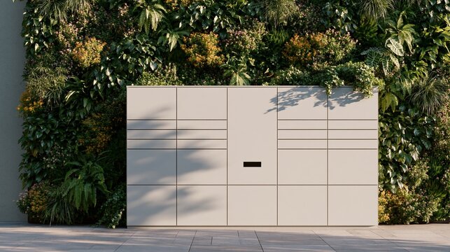Modern smart parcel locker station integrated into a vertical garden with lush greenery and vibrant flowers, designed for urban residential environments