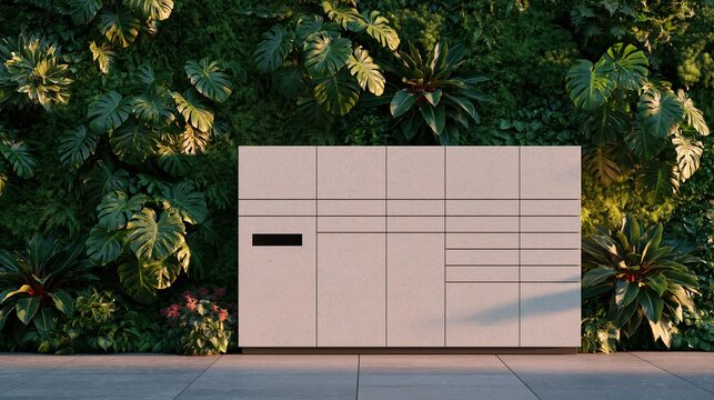 Modern smart parcel locker station integrated into a lush green wall of tropical plants, featuring sleek design and multiple compartments for secure package delivery