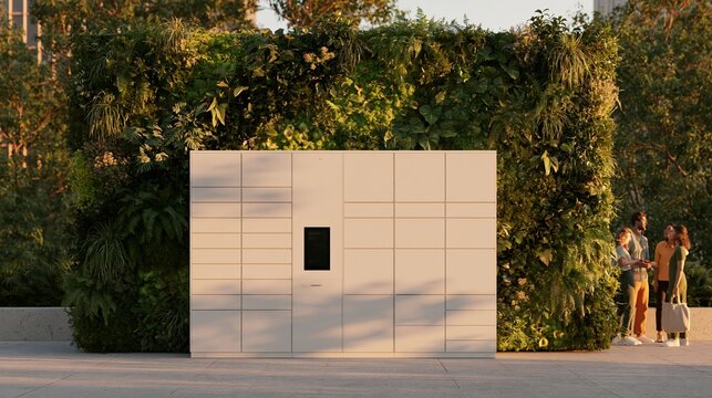 Modern smart parcel locker station integrated with greenery, showcasing a sleek design amidst lush plants in an urban outdoor setting