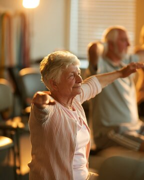 Elderly practicing gentle synchronized arm stretches in a health center studio soft golden light casting a serene glow while blurred chairs and exercise bands frame their