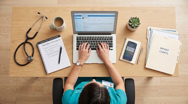 Overhead view of a nurse working on a laptop with medical tools on a desk