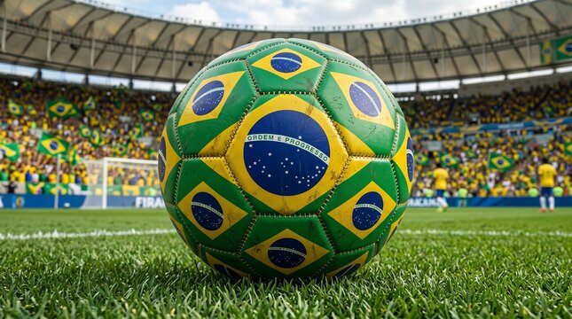 Brazilian flag soccer ball on grass stadium crowd in background