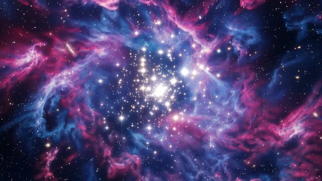 Cosmic nebula with vibrant stars and swirling interstellar gas clouds in deep space 4k video