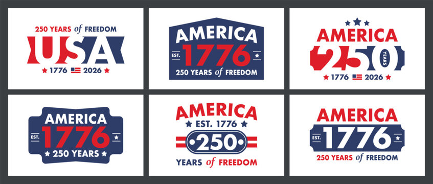USA 250 Years Semiquincentennial Retro Logo Set with America 1776 to 2026 Patriotic Typography Badges