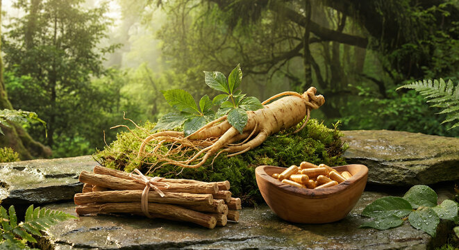 fresh ginseng root and herbal medicine capsules with tongkat ali sticks on mossy stone in forest
