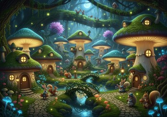 Fototapeta premium Fantastic fairy tale village with glowing mushrooms and magical creatures in an enchanted forest setting