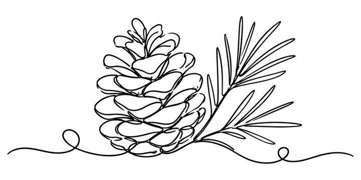 Detailed one line illustration of a pine cone with needles, representing forest nature, evergreen plants, and seasonal decor.