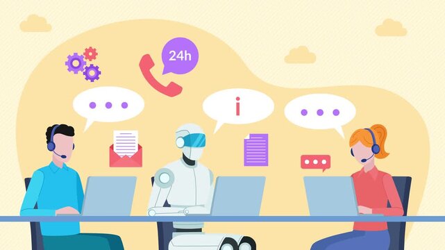 Employees collaborating with an AI chat bot. The robot sits at a desk with other employees, completing assigned tasks together. Human-AI collaboration. Animation video clip in flat design style.