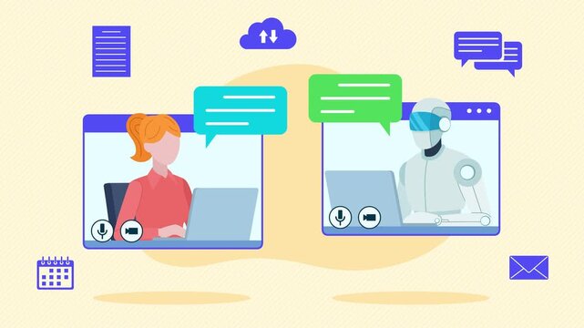Businesswoman video chatting with AI. Learning with artificial intelligence. Connecting online and taking advantage of modern competition. Flat design video clip animation.