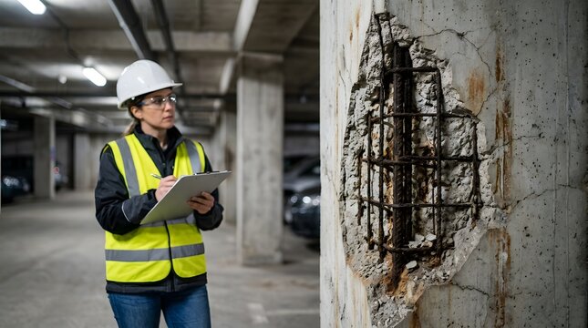 Female civil engineer in a hard hat and safety vest inspecting a parking structure beside damaged concrete with exposed corroded rebar, showing building inspection, structural defects and decay