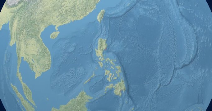 Philippines on Globe. Zoom into the country with Earth spinning on dark background. Physical world map with Philippines and label on it. Country view animation.