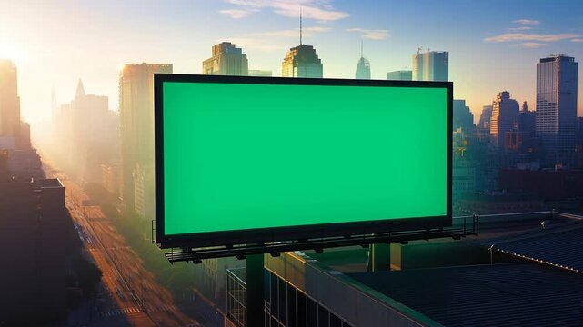 Urban sunrise with blank billboard: cityscape progression captured through daybreak