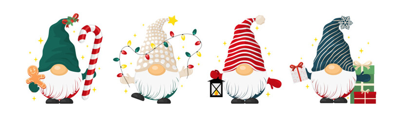 Fototapeta premium Set of cute cartoon gnomes with Christmas stuff. Vector illustration
