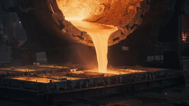 Ladle pouring molten copper from an anode furnace into casting frames capturing dynamic flow and vivid glow during fire refining and metal transformation stages