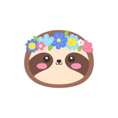 Fototapeta premium Cute Kawaii Sloth Face with Flower Crown Flat Vector Illustration
