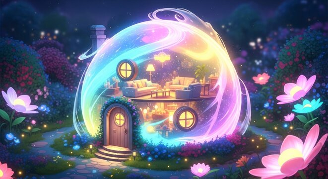Ilustra&ccedil;&atilde;o de uma casa de campo fant&aacute;stica com cores vibrantes e atmosfera encantadora.