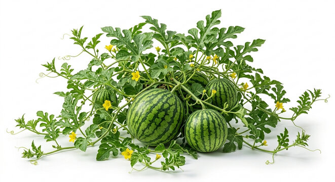 Healthy Watermelon Plant (Citrullus Lanatus) with Ripe Striped Fruit and Yellow Blossoms Isolated on White Background
