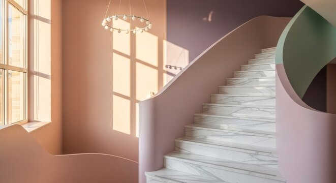 Elegante escadaria arquitet&ocirc;nica banhada pela luz natural e cores pastel.