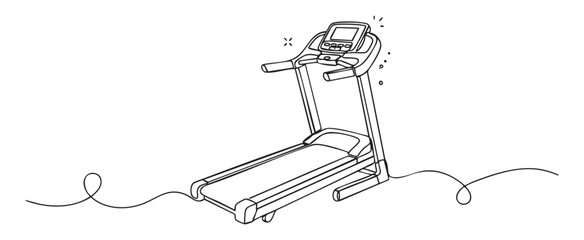 Obraz premium Continuous line art vector illustration of an incline treadmill view, showcasing a modern minimalist gym equipment design concept for fitness and healthy lifestyle