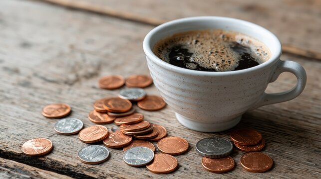 Cup of coffee and scattered coins on a rustic wooden table surface