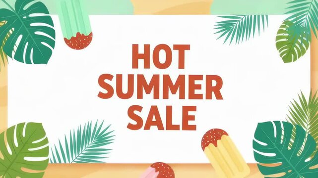 Hot summer sale banner with tropical leaves and ice pops. bright seasonal promotional design for summer discounts and retail events.