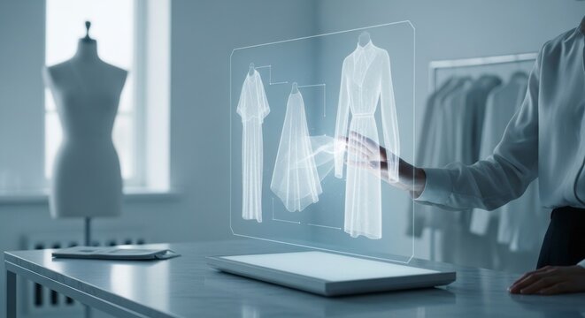 Estilista utiliza interface digital para criar designs de roupas.