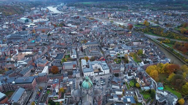 An panoramic aerial view of the old town city Namur in Belgium on a cloudy afternoon in autumn.. 