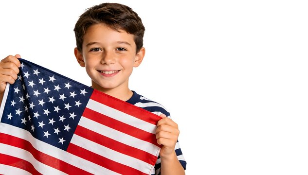 Proud American kid boy holding United States flag with a happy smile on isolated white background with copy space