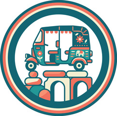 Fototapeta premium Retro Pixel Art Auto Rickshaw Illustration In Circular Frame With Floral And Elephant Motifs In Teal Red