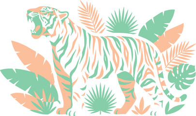 Fototapeta premium Stylized Roaring Tiger Illustration In Pastel Green And Peach Tones With Tropical Leaf Background