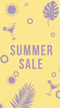 Summer sale poster with pastel yellow background and purple tropical icons cocktails, palm leaves and sun shapes in repeating layout