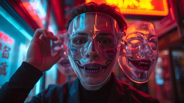 A person wearing multiple transparent masks showing different expressions