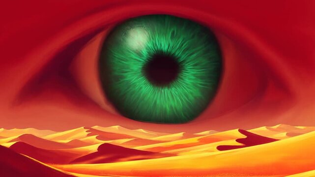 Slow zoom tracking shot of giant green eye emerging and looming over vast golden desert dunes beneath red sky and dramatic horizon