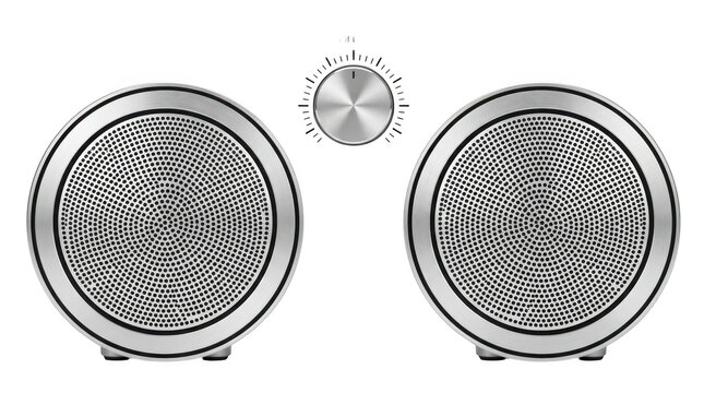 Modern silver computer speakers with a central volume control knob isolated on transparent background
