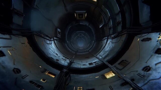 Tracking shot upward through cylindrical industrial shaft with cables and panels ascending toward distant hatch in engine reactor chamber