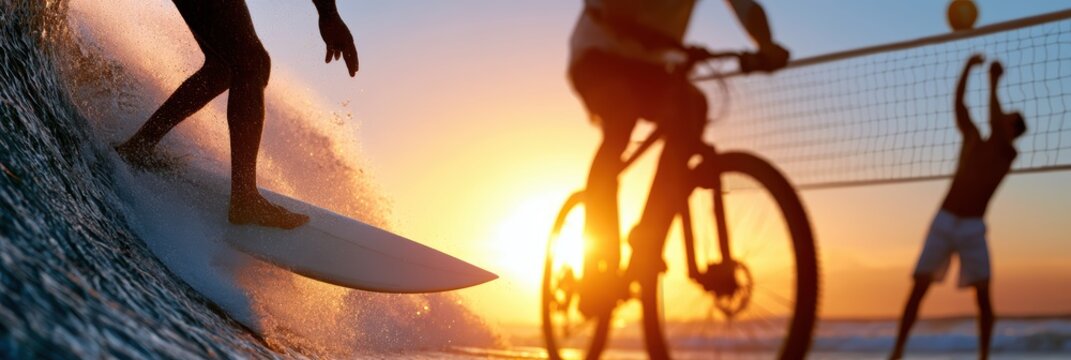 summer sports collage, exciting summer sports website header with a seamless blend of surfer, cyclist, and volleyball player in a vibrant, modern, and dramatic composition