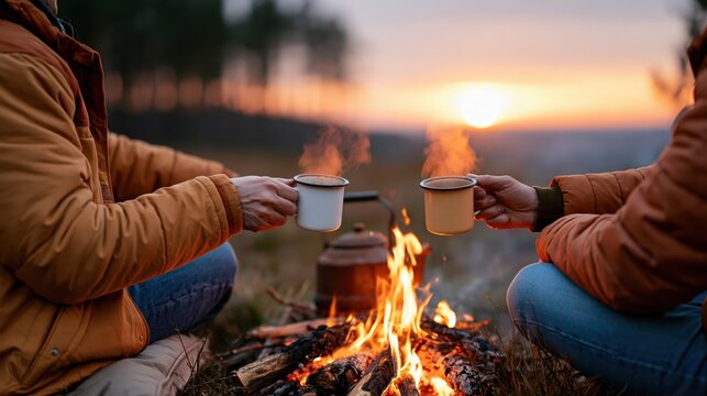 Couple enjoys hot coffee by a campfire at sunset during a summer camping trip