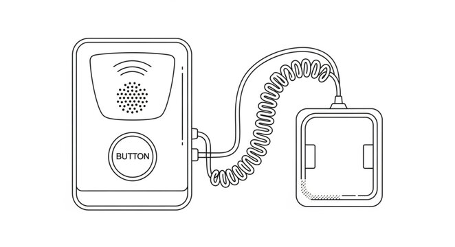 A line drawing of a wireless panic button device with a coiled cord.