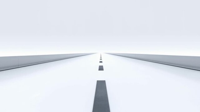 Tracking dolly shot of empty road with dashed center line receding into distant horizon in minimalist white flat landscape with symmetrical perspective and high key lighting
