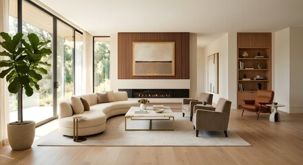 Fototapeta premium Modern luxury living room interior with minimalist furniture, contemporary fireplace, natural light, elegant home decor and sophisticated residential design