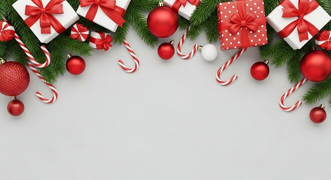 Christmas decorations with gifts and candy canes on white background